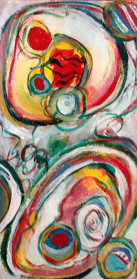 An abstract series of swirls in a vertical format, painted loosely in reds and greens and blues. The image suggests the flow of writing practice.
